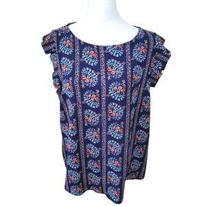 Monteau Ruffle Short Sleeve Blue Floral High Neck Blouse Cottagecore Size XL